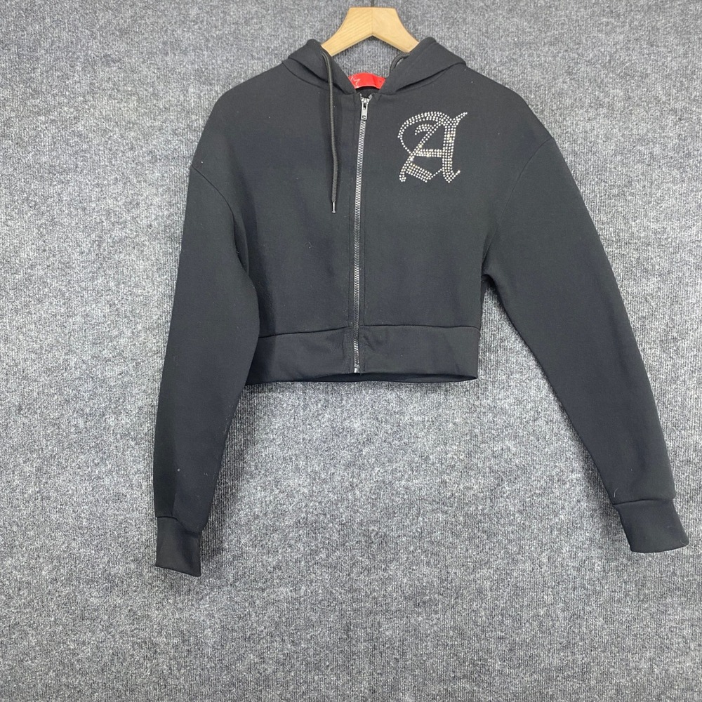 Retro Concept by Rosee Black Rhinestone Angel Cropped Zip Up Hoodie Medium